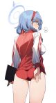  1girl 92m ? ako_(blue_archive) ass back blue_archive blue_eyes blue_hair blush breasts buruma clipboard hair_between_eyes hairband halo highres jacket large_breasts long_hair long_sleeves looking_at_viewer looking_back red_buruma red_jacket shirt solo track_jacket white_shirt white_sleeves 