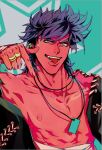  1boy battle_tendency blue_eyes blue_hair dog_tags hand_wraps jacket jewelry jojo_no_kimyou_na_bouken joseph_joestar joseph_joestar_(young) male_focus muscular muscular_male nipples no_shirt off_shoulder pointing pointing_down ring sarashi solo suzuri513 tongue tongue_out 
