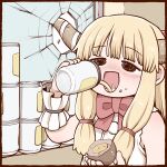 1girl :d alcohol beer beer_can black_eyes blonde_hair blunt_bangs blush border bow bowtie broken_glass brown_border brown_horns can commentary_request drinking drunk flat_chest food food_request glass holding holding_food horns ibuki_suika long_hair medium_bangs open_mouth poronegi red_bow red_bowtie shirt sidelocks sleeveless sleeveless_shirt smile solo touhou upper_body white_shirt wrist_cuffs 