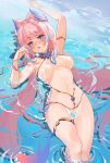  1girl arm_up armlet bikini blue_eyes blue_hair blush bow-shaped_hair breasts colored_tips covered_nipples doyouknowww genshin_impact halterneck hand_up highres long_hair medium_breasts multicolored_hair navel partially_submerged pelvic_curtain pink_eyes pink_hair sangonomiya_kokomi see-through_swimsuit slingshot_swimsuit solo stomach swimsuit thigh_strap water white_bikini wristband 