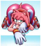  amy_rose anthro big_breasts big_butt blush bottomwear breasts butt butt_jiggle clothing deegee eulipotyphlan eyelashes female footwear fur gloves green_eyes handwear hedgehog hi_res huge_breasts jiggling looking_at_viewer lying mammal pants pink_body pink_fur raised_tail sega shoes smile solo sonic_the_hedgehog_(series) tail text thick_thighs topwear wristband 