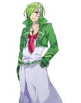  1boy belt cropped_jacket earrings gardevoir gloves green_belt green_gloves green_hair green_jacket hair_over_one_eye jacket jewelry katagiri_hachigou male_focus necklace open_clothes open_jacket personification pokemon red_eyes sharp_teeth short_hair simple_background teeth white_background white_hair 