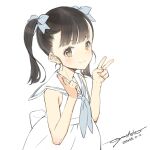  1girl black_hair blush bow brown_eyes dated double_v dress hair_bow highres looking_at_viewer neckerchief original oyari_ashito sailor_collar sailor_dress signature simple_background sketch smile solo twintails upper_body v white_background white_dress 