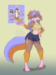  absurd_res anthro bottomwear breasts canid canine canis clothing female fur hair hi_res looking_at_viewer mammal medium_breasts multicolored_body multicolored_fur purple_eyes purple_hair redesign shirt shorts solo tank_top topwear walas21 wolf 