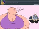  2018 3_toes 4:3 anthro ask_blog barefoot batspid2 big_breasts biped black_clothing black_nose blue_clothing blush blush_lines book bottomwear breasts cleavage clothed clothing crop_top cutoffs denim denim_clothing dialogue digital_drawing_(artwork) digital_media_(artwork) duo english_text exclamation eyebrows eyelashes eyewear feet female flabby_arms flat_colors flustered frill_(anatomy) front_view fur glasses grey_clothing head_crest head_frill holding_book holding_object huge_belly huge_breasts huge_thighs hyper hyper_breasts hyper_hips hyper_thighs juna_(batspid2) lagomorph legwear leporid lizard loa_(batspid2) looking_at_another mammal membrane_(anatomy) membranous_frill midriff morbidly_obese morbidly_obese_anthro morbidly_obese_female navel obese obese_anthro obese_female overweight overweight_anthro overweight_female pink_background pink_body pink_skin purple_clothing purple_eyes rabbit reptile scalie shirt shorts simple_background standing sweater tan_body tan_fur text thick_thighs tights toes topwear 