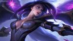  1girl armor artist_name artstation_username attack blurry blurry_background bodysuit breasts cleavage close-up collarbone detached_wings facial_mark facial_tattoo fighting fighting_stance floating_hair forehead_mark forehead_tattoo foritis_wang highres kai&#039;sa league_of_legends light long_hair looking_to_the_side magic medium_breasts multicolored_bodysuit multicolored_clothes outdoors outstretched_arms parted_lips plunging_neckline purple_bodysuit purple_eyes purple_hair red_lips serious shoulder_armor skin_tight solo tattoo underground upper_body weapon whisker_markings wings 