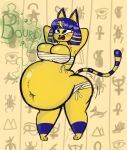  2022 animal_crossing ankha_(animal_crossing) anthro blue_hair blush burp_cloud burping chubby_female deep_navel egyptian_headdress female fur hair hands_behind_head hi_res isabelly jiggling navel navel_piercing nintendo piercing solo stuffing yellow_body yellow_fur 