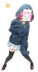  1girl absurdres black_thighhighs blue_jacket brown_footwear commentary_request full_body hair_ornament highres hood hood_up jacket kashikaze loafers long_sleeves love_live! love_live!_nijigasaki_high_school_idol_club neck_ribbon nijigasaki_academy_school_uniform pink_hair pleated_skirt ribbon rina-chan_board school_uniform shoes short_hair simple_background skirt sleeves_past_fingers sleeves_past_wrists solo star_(symbol) star_hair_ornament tennouji_rina thighhighs white_background white_skirt yellow_ribbon zettai_ryouiki 