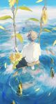  1boy animal black_pants blue_sky cloud falling_petals fish flower grey_hair highres leaf original pants petals reflection reflective_water shirt short_hair short_sleeves sitting sky solo sunflower swing swing_set water white_shirt yuribou 