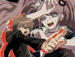  1boy 1girl a12740807 ahoge anger_vein bear_hair_ornament black_choker black_jacket brown_hair choker danganronpa:_trigger_happy_havoc danganronpa_(series) enoshima_junko green_hoodie grey_eyes hair_ornament highres hood hood_down hoodie jacket long_sleeves naegi_makoto nail_polish pointing pointing_forward red_nails short_sleeves sweat teeth tongue tongue_out twintails upper_body upper_teeth_only 