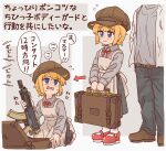  1boy 1girl :&gt; @_@ apron arrow_(symbol) assault_rifle black_pants black_skirt blonde_hair blue_eyes blush bocchi-ya-nawi bow bowtie brown_headwear cabbie_hat collared_shirt commentary_request flying_sweatdrops full_body furrowed_brow grey_shirt gun hands_in_pockets hat head_out_of_frame highres holding holding_gun holding_suitcase holding_weapon jacket kneeling leather_belt loafers long_sleeves mary_janes multiple_views nervous open_clothes open_jacket open_mouth original pants red_bow red_bowtie red_footwear rifle sequential shaded_face shirt shirt_tucked_in shoes skirt socks standing suitcase sweat translation_request v_arms wavy_mouth weapon white_apron white_jacket white_socks 