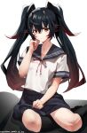  1girl absurdres black_hair black_skirt blue_sailor_collar closed_mouth crossed_bangs dated gradient_hair hair_between_eyes hand_on_own_face highres long_hair looking_at_viewer lucia:_plume_(punishing:_gray_raven) lucia_(punishing:_gray_raven) multicolored_hair punishing:_gray_raven red_eyes red_hair sailor_collar school_uniform shirt short_sleeves sidelocks signature skirt solo streaked_hair taotao_bujue twintails very_long_hair white_shirt 