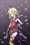  1girl absurdres belt breasts deathpolca demons_roots dress feet_out_of_frame floating gloves gradient_background green_eyes green_hair grey_background hair_between_eyes hair_ribbon highres long_hair looking_at_viewer parted_lips petals rabbit_king red_dress ribbon side_ponytail sleeveless sleeveless_dress small_breasts smile solo thighhighs zettai_ryouiki 