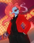  animal_humanoid blue_body blue_scales blurred_background cigarette clothing eyewear facial_fur female fish fish_humanoid hair half-closed_eyes hi_res humanoid marine marine_humanoid moucchiato narrowed_eyes ponytail red_hair scales sharp_teeth simple_background smoking smoking_tobacco solo suit sunglasses teeth undertale_(series) undyne yellow_sclera 