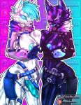  absurd_res anthro areola black_body breast_squish breast_to_breast breast_touch breasts canid canine canis clothing cyberqueenind duo epic_games fan_character female fortnite fox genitals gesture glistening glistening_body glowing glowing_eyes hand_heart herm hi_res intersex intersex/female knot latex looking_at_viewer mammal mostly_nude nipples one_eye_closed pack_leader_highwire penis squish standing white_body wink winking_at_viewer wolf 