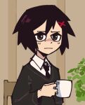  cup ethossketches expressionless holding holding_cup ikari_shinji marvel necktie neon_genesis_evangelion parody peni_parker school_uniform serious sitting spider-man:_across_the_spider-verse spider-man_(series) 