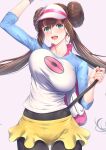  1girl black_pantyhose blue_eyes blush breasts brown_hair collarbone double_bun doughnut_hair_bun hair_bun highres large_breasts long_hair long_sleeves looking_at_viewer open_mouth pantyhose pantyhose_under_shorts pokemon pokemon_(game) pokemon_bw2 raglan_sleeves rosa_(pokemon) shirt short_shorts shorts smile solo thighs twintails unaligned_breasts visor_cap yellow_shorts zucchini 