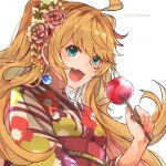  1girl :d ahoge alternate_costume alternate_hairstyle blue_eyes candy candy_apple dragalia_lost earrings ezelith fang flower food hair_flower hair_ornament highres holding holding_candy holding_food japanese_clothes jewelry kimono looking_at_viewer open_mouth po_pooch skin_fang smile solo twitter_username upper_body 
