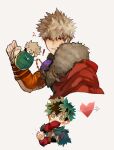  ! 2boys absurdres arrow_through_heart bakugou_katsuki blonde_hair boku_no_hero_academia cape commentary covering_mouth creature crepe dynamy_(boku_no_hero_academia) food gloves green_eyes green_hair heart heart-shaped_pupils highres holding holding_creature holding_food holding_jewelry holding_necklace jackeelart jewelry looking_at_viewer male_focus midoriya_izuku multiple_boys necklace official_alternate_costume pelt red_cape red_eyes red_gloves short_hair simple_background spanish_commentary spiked_hair symbol-shaped_pupils upper_body white_background 