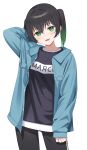  1girl absurdres black_hair black_pants black_shirt blue_jacket blush breasts enpik gradient_hair green_eyes green_hair hair_between_eyes head_tilt highres jacket long_sleeves looking_at_viewer love_live! love_live!_nijigasaki_high_school_idol_club medium_breasts medium_hair multicolored_hair open_mouth pants shirt sleeves_past_wrists solo takasaki_yuu twintails upper_body white_background 