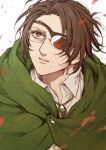  1other brown_hair cloak commentary_request eyepatch glasses green_cloak hange_zoe highres looking_up mo_cha_ri other_focus red_eyes shingeki_no_kyojin solo 