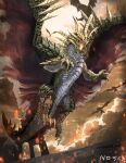  claws dragon dragon_claw dragon_horns dragon_tail dragon_wings fantasy flying glowing_mouth guanzorumo_(monster_hunter) highres horns large_wings monster monster_hunter_(series) monster_hunter_frontier no86484588 no_humans scales sky tail western_dragon wings 