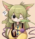  1girl ? @_@ animal_ears black_eyes blush blush_stickers buttons cat_ears cat_girl cat_tail cat_teaser cheek_poking clenched_hand closed_mouth diamond_(shape) diamond_button ear_twitch frilled_shirt frilled_shirt_collar frilled_skirt frilled_sleeves frills green_hair green_tail hair_between_eyes hand_up highres kemonomimi_mode komeiji_koishi long_hair long_sleeves motion_lines no_headwear one_eye_closed paw_pose poking shirt simple_background skirt sleeves_past_wrists solo speech_bubble spoken_question_mark straight-on tail third_eye touhou yellow_shirt zunusama 