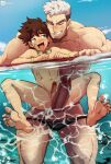  2boys absurdres age_difference anal bandaid bandaid_on_face bara blue_sky brown_hair bubble camp_buddy chest_hair cum excessive_cum goggles goggles_around_neck goro_nomoru green_eyes highres idoraad large_penis leg_hair male_focus multiple_boys muscular muscular_male nagame_keitaro outdoors paid_reward_available penis penis_size_difference short_hair sky testicles thick_eyebrows undercut underwater_sex variant_set water white_hair yaoi 