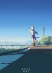  1girl absurdres ahoge animal_ears black_shorts bottle day grey_hair highres holding holding_bottle horse_ears horse_girl horse_tail long_hair looking_to_the_side oguri_cap_(umamusume) orange_footwear outdoors power_lines shadow shirt shoes short_sleeves shorts sneakers solo tail train translation_request transmission_tower tree umamusume utachy walking white_shirt wiping_face 