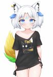  1girl animal_ears aqua_eyes black_shirt blush child cosplay fox_ears fox_girl fox_tail highres hololive llxr18 shirakami_fubuki shirakami_fubuki_(7th_costume) shirakami_fubuki_(cosplay) shirt solo sukonbu_(shirakami_fubuki) tail white_hair 