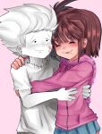  1boy 1girl brown_hair colored_skin commentary happy highres hug kiss pink_background white_hair white_skin 