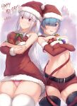  2girls artist_name bangs bare_shoulders belt black_belt black_thighhighs blue_eyes blue_hair blunt_bangs blush breast_hold breasts christmas closed_mouth collarbone commentary crossed_arms curvy dress elbow_gloves emilia_(re:zero) english_commentary english_text eyes_visible_through_hair flower fur-trimmed_dress fur_trim gloves hair_flower hair_ornament hair_over_one_eye happy_holidays hat heads_together highres kimoshi large_breasts long_hair looking_to_the_side merry_christmas midriff multiple_girls open_mouth panties panty_peek pink_panties purple_eyes re:zero_kara_hajimeru_isekai_seikatsu red_dress red_gloves red_ribbon red_shorts rem_(re:zero) ribbon santa_costume santa_dress santa_gloves santa_hat short_dress shorts sidelocks simple_background smile thighhighs thighs underwear white_flower white_hair white_thighhighs 
