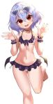  1girl :d bat_wings bikini black_bikini black_choker breasts choker cleavage commentary_request derivative_work fang frilled_bikini frills fub_(fubimanji) heart heart-shaped_eyewear highres looking_at_viewer navel purple_hair red_eyes remilia_scarlet short_hair simple_background small_breasts smile solo swimsuit touhou white_background wings wrist_cuffs 