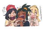  1boy 2girls black_hair black_shirt blonde_hair blunt_bangs blush closed_eyes dark_skin eating food green_hair hand_up hau_(pokemon) highres holding holding_food lillie_(pokemon) long_hair malasada multiple_girls open_mouth pokemon pokemon_(game) pokemon_sm ponytail red_headwear scared selene_(pokemon) shirt short_hair short_ponytail sweat teeth upper_teeth_only white_background white_shirt yellow_shirt yusho_(ossm03) 