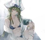  1girl arknights bikini blue_bikini breasts can eyewear_on_head gavial_(arknights) green_hair hair_between_eyes highres holding holding_can jacket jewelry large_hat long_hair looking_at_viewer medium_breasts navel open_clothes open_jacket pointy_ears ring shijiubashuazi simple_background sitting smile solo sunglasses swimsuit very_long_hair white_background white_jacket yellow_eyes 