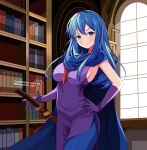  1girl absurdres alternate_costume blue_eyes blue_hair blue_pantyhose blue_scarf blush book bookshelf breasts caeda_(fire_emblem) commission dress fire_emblem fire_emblem:_mystery_of_the_emblem fire_emblem:_shadow_dragon gloves hand_on_hip highres indoors long_hair looking_at_viewer marion_(marionette_ink) medium_breasts pantyhose purple_dress purple_gloves scar scarf sheath sheathed shelf side_slit sideboob smile sword twitter_username weapon 