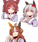  3girls ahoge animal_ears aqua_gemstone black_hairband bow brown_hair commentary copano_rickey_(umamusume) curren_chan_(umamusume) double_bun ear_bow ear_covers ear_ornament finger_to_mouth grey_hair hair_between_eyes hair_bun hair_ornament hairband half-closed_eyes highres horse_ears horse_girl index_finger_raised looking_at_viewer medium_hair multicolored_hair multiple_girls parted_bangs pink_eyes red_bow red_eyes sailor_collar sakura_laurel_(umamusume) short_hair shushing sidelocks simple_background tassel tassel_hair_ornament tongue tongue_out two-tone_hair umamusume white_hair white_sailor_collar yonedatomo_mizu 