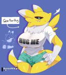  &lt;3 2023 3_fingers anthro artist_name bandai_namco big_breasts bottomwear breasts bunnemilk cheek_tuft claws clothing digimon digimon_(species) english_text facial_tuft female fingers free_hugs fur hi_res legs_together looking_at_viewer meme midriff multicolored_body multicolored_fur purple_background renamon sharp_claws shirt shorts simple_background smile solo standing t-shirt text text_on_clothing text_on_shirt text_on_topwear topwear tuft two_tone_body two_tone_fur white_body white_fur yellow_body yellow_fur 