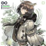  1girl arknights brown_hair character_name coat english_text feather_hair glasses highres id_card lanyard medium_hair neumo orange_eyes owl_ears owl_girl rhine_lab_logo semi-rimless_eyewear silence_(arknights) solo under-rim_eyewear white_background white_coat 