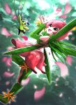  1girl 1other alraumon black_eyes boots detached_sleeves digimon digimon_(creature) dm_pkmn dress fairy falling_petals flower green_footwear green_sleeves hair_vines highres knee_boots leaf_wings lilimon looking_at_viewer monster_girl open_mouth petals pink_dress plant plant_girl plant_monster 