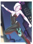  1girl absurdres accidart bad_source blonde_hair blurry blurry_background bodysuit breasts gwen_stacy highres hood marvel mask short_hair smile solo spider-gwen spider-man:_into_the_spider-verse spider-man_(series) spider-verse twitter_username 