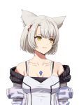  1girl animal_ear_fluff animal_ears braid breasts camisole closed_mouth collarbone commentary_request grey_hair highres jacket long_sleeves looking_to_the_side medium_breasts mio_(xenoblade) off_shoulder open_clothes open_jacket parted_bangs puffy_long_sleeves puffy_sleeves short_hair simple_background solo upper_body white_background white_camisole white_jacket xenoblade_chronicles_(series) xenoblade_chronicles_3 yamamori_kinako yellow_eyes 