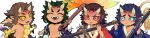  4boys absurdres aizetsu_(kimetsu_no_yaiba) animal_feet animal_hands artist_name beads bird_wings brown_hair brown_wings chibi claws closed_eyes colored_sclera demon_boy facing_viewer fang fangs feathered_wings furrowed_brow green_hair hand_fan hand_up hands_up harpy_boy highres holding holding_fan holding_staff horns karaku_(kimetsu_no_yaiba) kimetsu_no_yaiba lineup long_sleeves looking_at_viewer looking_to_the_side male_focus mamimume_momo medium_hair monster_boy multiple_boys no_shirt open_mouth paper_fan pom_pom_(clothes) red_eyes red_sclera rope sekido_(kimetsu_no_yaiba) shakujou shimenawa short_hair signature simple_background staff stole talons tassel tasuki upper_body urogi_(kimetsu_no_yaiba) veins white_background wide_image wide_sleeves wings yellow_eyes yellow_sclera 