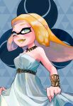  1girl bracelet breasts cosplay curtsey dress highres inkling inkling_girl jewelry long_hair medium_breasts nastar_r0 open_mouth orange_hair patterned_background princess_zelda princess_zelda_(cosplay) smile solo splatoon_(series) splatoon_3 teeth white_dress 