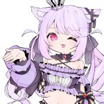  1girl :3 :p animal_ear_fluff animal_ears black_bow black_collar black_ribbon black_sleeves black_tube_top blush bow breasts cat_ears cat_girl closed_mouth collar commentary criss-cross_halter crown detached_collar detached_sleeves ear_ribbon emongo frilled_tube_top hair_bow halterneck highres ina_uruu long_hair looking_at_viewer low_twintails medium_bangs medium_breasts midriff mini_crown nanashi_inc. navel one_eye_closed pink_eyes pink_hair pink_sleeves ribbon simple_background smile solo strapless tongue tongue_out tube_top twintails two-tone_bow upper_body virtual_youtuber white_background white_bow 