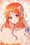  1girl bad_id bad_twitter_id bare_shoulders blush choker commentary_request dress earrings eyelashes flower frilled_dress frills jewelry joman korean_commentary leaf long_hair looking_at_viewer nami_(one_piece) one_piece orange_choker orange_eyes orange_flower orange_hair orange_rose rose shoulder_tattoo sidelocks smile solo star_(symbol) tattoo 