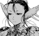  1girl animal_ears black_hair breath_of_fire breath_of_fire_iv closed_mouth greyscale hair_bun long_hair monochrome shoulder_pads simple_background single_hair_bun solo ursula_(breath_of_fire) white_background yosaku_(roach) 