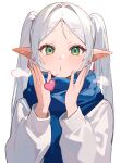  1girl ai-generated blowing_kiss blue_scarf booool breath earrings eyelashes frieren green_eyes hands_up heart jacket jewelry long_hair long_sleeves looking_at_viewer o3o pointy_ears scarf solo sousou_no_frieren twintails upper_body white_background white_hair white_jacket 