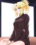  1girl alternate_costume arm_support black_sweater blonde_hair braid breasts commentary_request engo_(aquawatery) fate/apocrypha fate_(series) french_braid green_eyes hair_ornament hair_scrunchie hand_on_own_leg highres indoors long_sleeves looking_at_viewer medium_breasts mordred_(fate) mordred_(fate/apocrypha) ponytail red_scrunchie ribbed_sweater scrunchie sidelocks simple_background sitting solo sweater thighs turtleneck turtleneck_sweater 