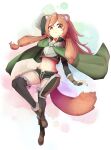  1girl absurdres animal_ears armor belt black_belt black_shorts black_thighhighs boots breastplate brown_footwear brown_hair cape chain closed_mouth cosplay fingerless_gloves full_body fur-trimmed_cape fur-trimmed_gloves fur_trim gloves green_cape hand_up highres iwatani_naofumi iwatani_naofumi_(cosplay) long_hair long_sleeves looking_at_viewer midriff navel raccoon_ears raccoon_girl raccoon_tail raphtalia red_eyes shield short_shorts shorts sidelocks simple_background smile solo standing standing_on_one_leg symbol_world tail tate_no_yuusha_no_nariagari thighhighs twintails white_background 